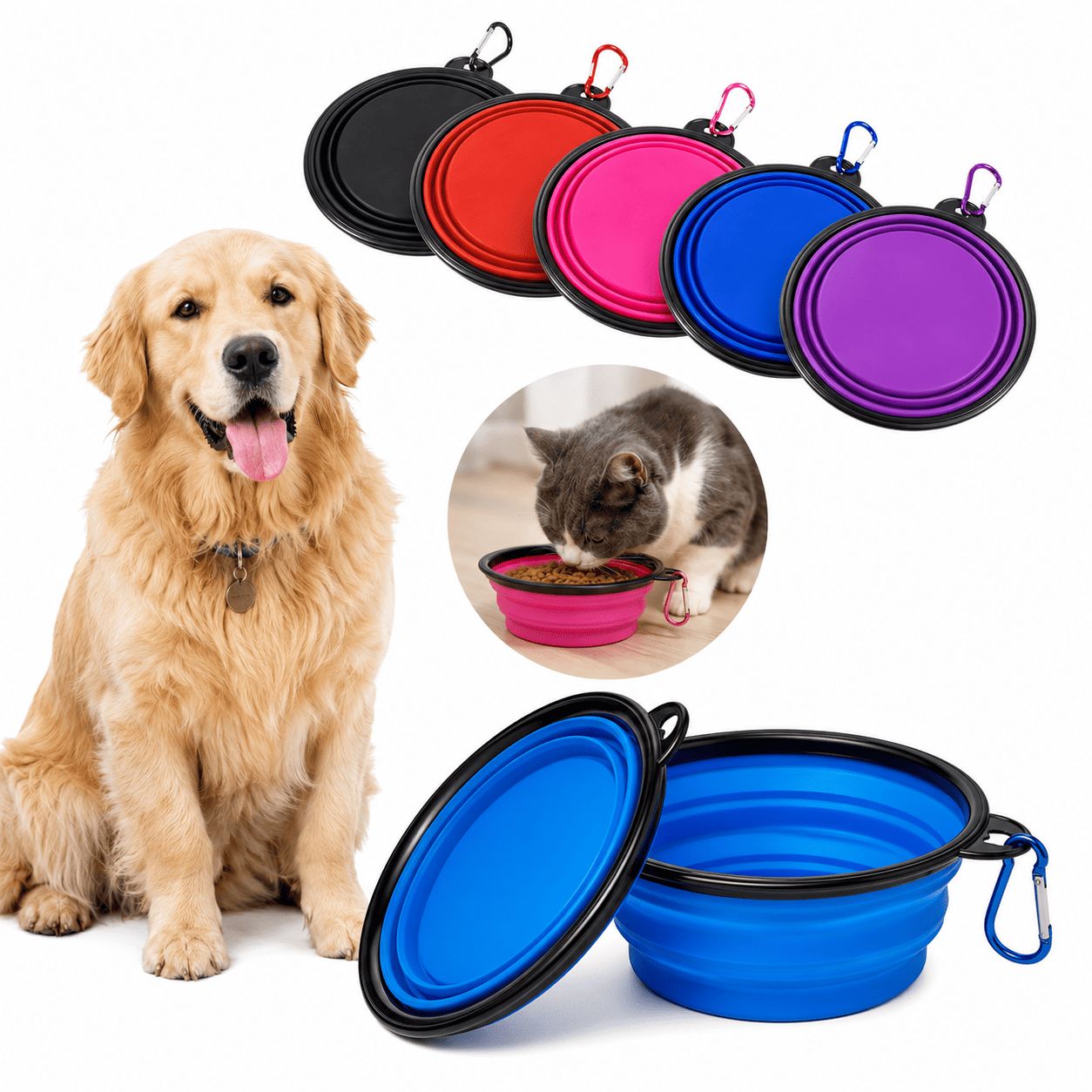 Plato Plegable de Silicona para Mascotas 1000 ml con Mosquetón
