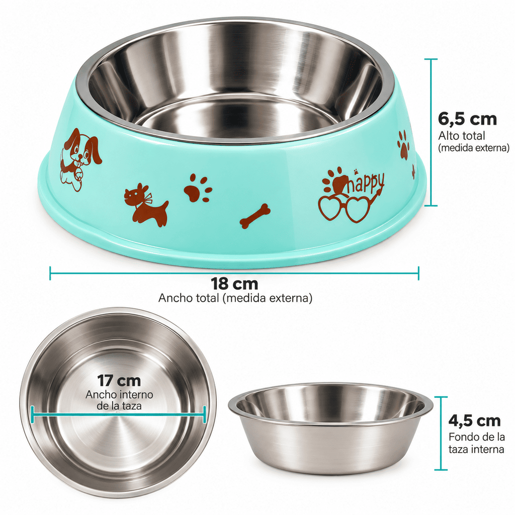 Plato para Perro con Taza de Acero Inoxidable – Diseño Happy