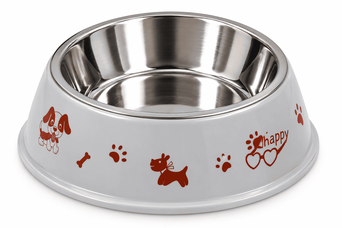 Plato para Perro Pequeño con Taza de Acero Inoxidable – Diseño Happy