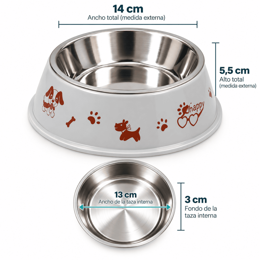 Plato para Perro Pequeño con Taza de Acero Inoxidable – Diseño Happy