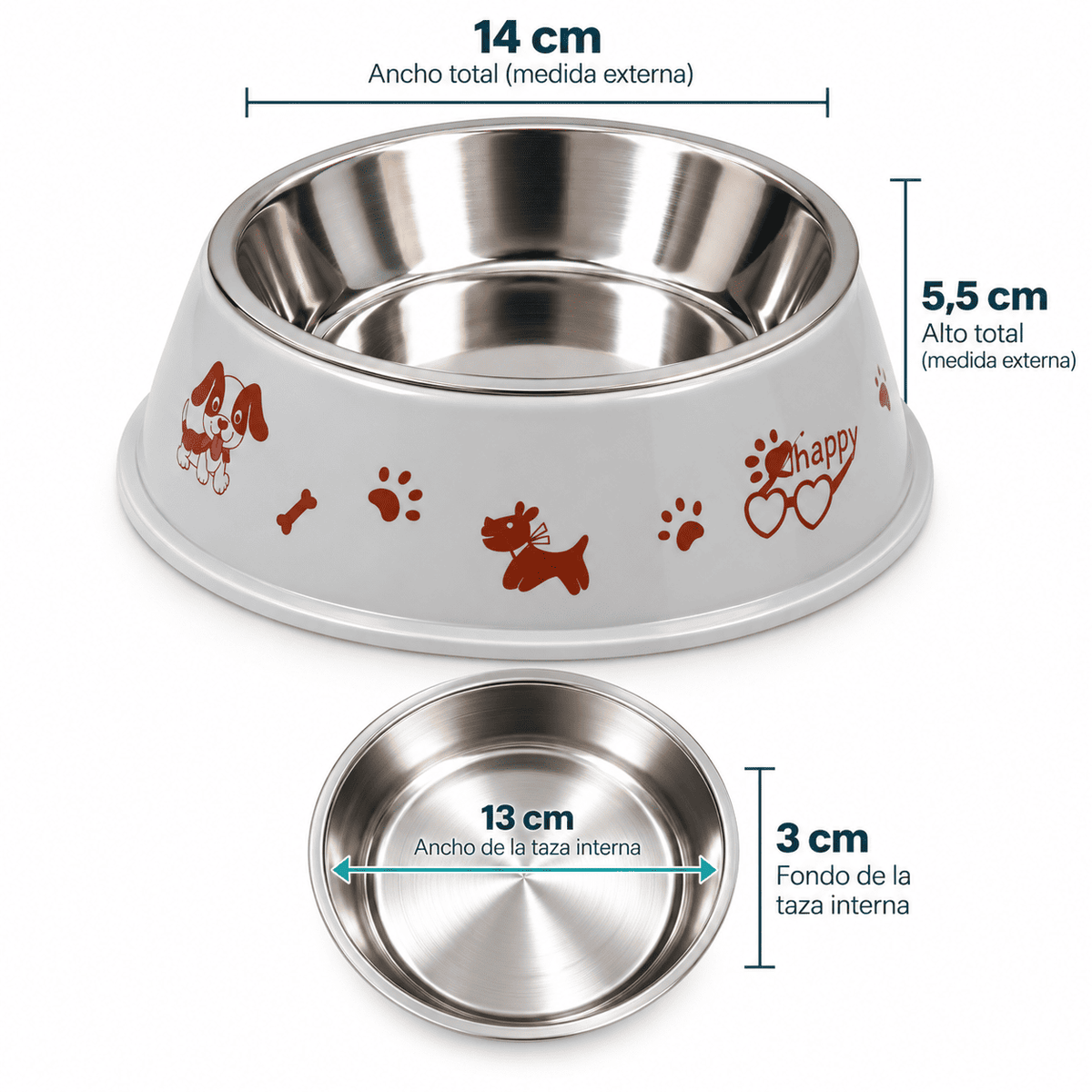 Plato para Perro Pequeño con Taza de Acero Inoxidable – Diseño Happy