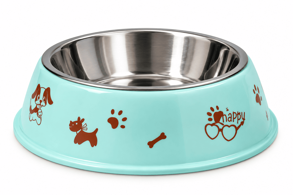Plato para Perro con Taza de Acero Inoxidable – Diseño Happy