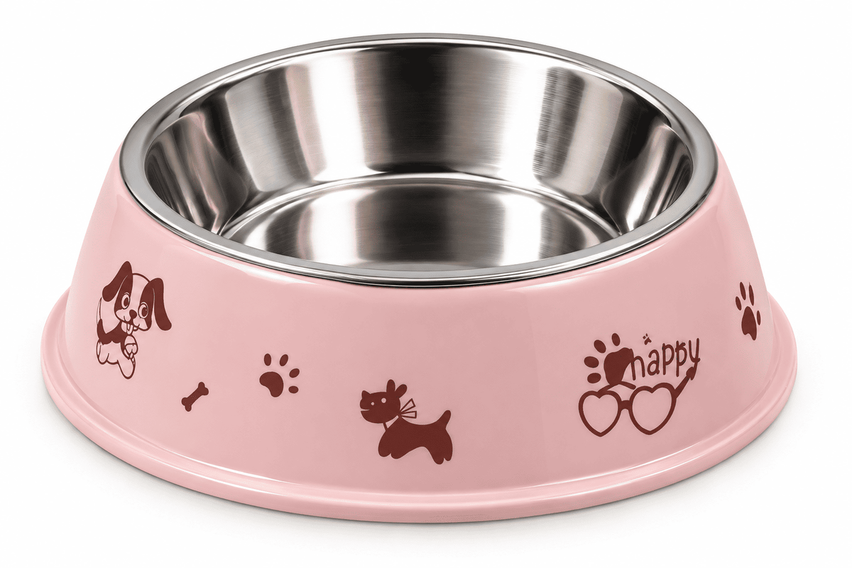 Plato para Perro Pequeño con Taza de Acero Inoxidable – Diseño Happy