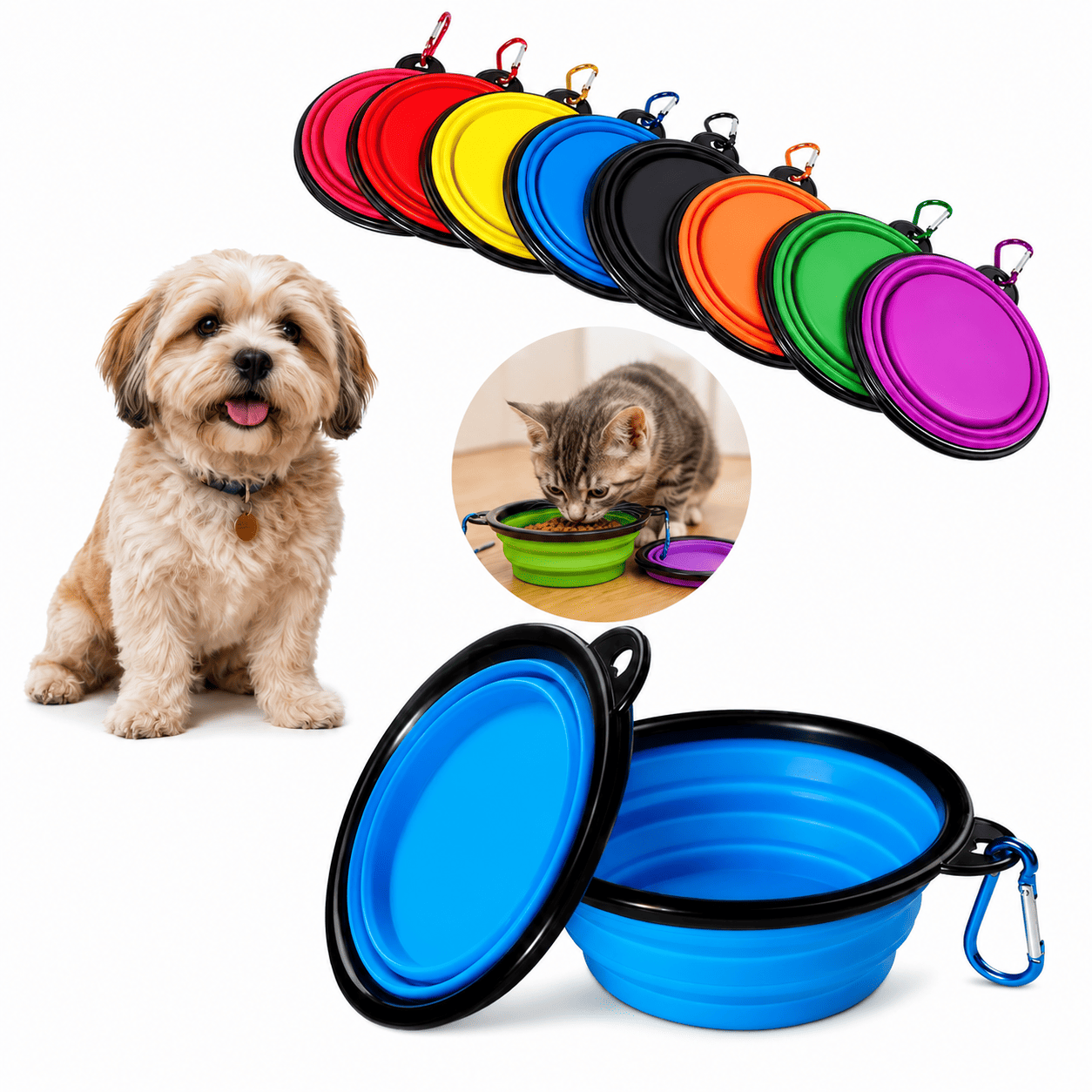 Plato Plegable de Silicona para Mascotas 350 ml con Mosquetón